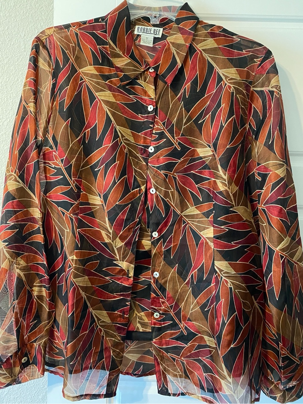 Robbie Bee Autumn Leaf Print Button-Down Shirt in Red and Brown